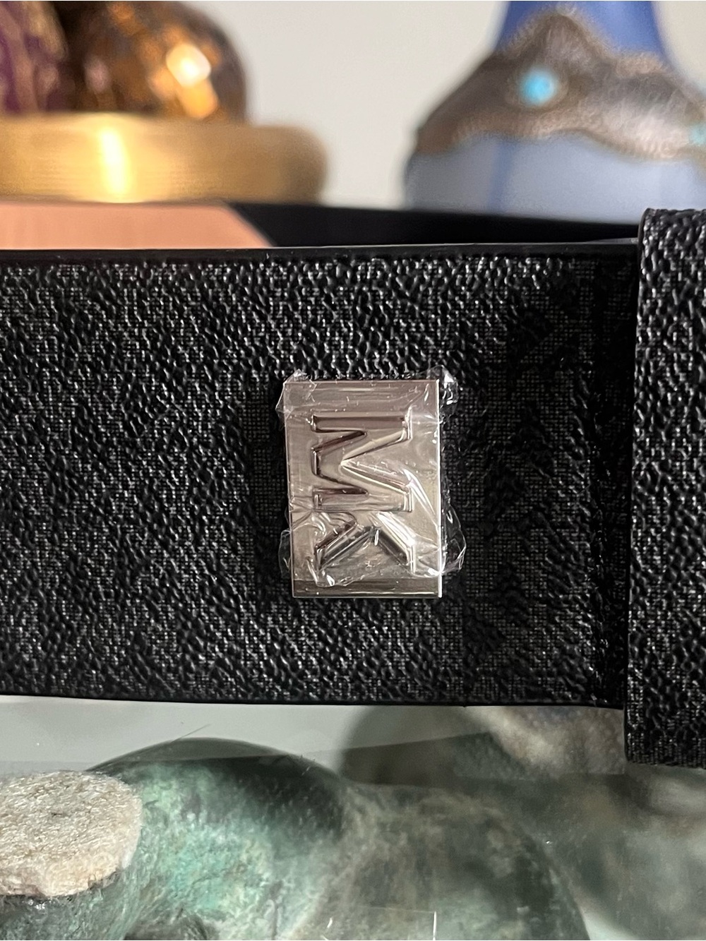 Michael Kors Black Leather Belt with middle Elastic Band and Silver MK Buckle
